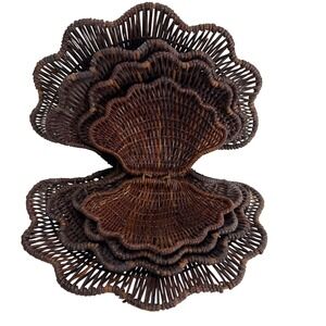 VTG Handwoven Wicker Nesting Clamshells Scalloped 4pc Beach House Coastal